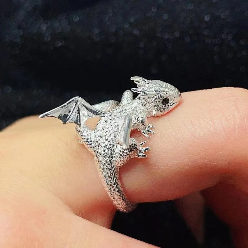 Dragon & Mouse Adjustable Open Ring for Women – Antique Silver Animal Finger Ring, Trendy Fashion Party Jewelry Giftwelry Gift