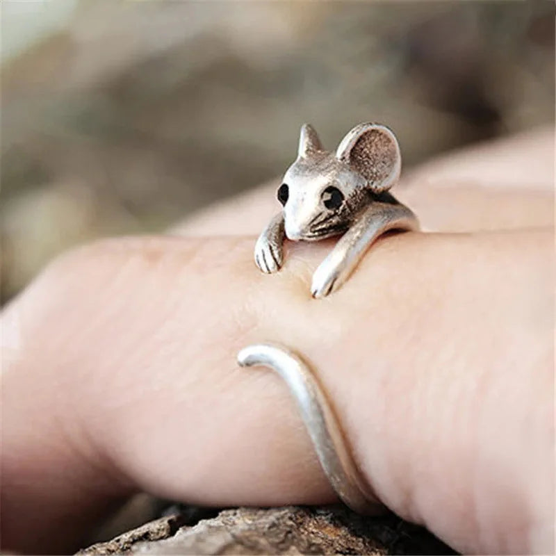 Dragon & Mouse Adjustable Open Ring for Women – Antique Silver Animal Finger Ring, Trendy Fashion Party Jewelry Giftwelry Gift