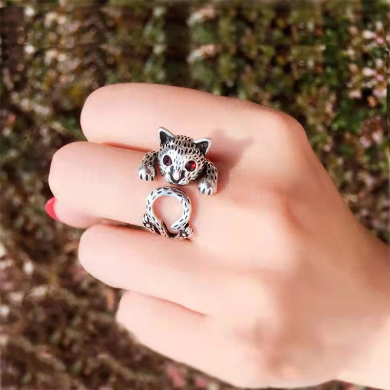 Dragon & Mouse Adjustable Open Ring for Women – Antique Silver Animal Finger Ring, Trendy Fashion Party Jewelry Giftwelry Gift