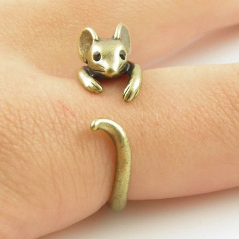 Dragon & Mouse Adjustable Open Ring for Women – Antique Silver Animal Finger Ring, Trendy Fashion Party Jewelry Giftwelry Gift