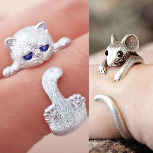 Dragon & Mouse Adjustable Open Ring for Women – Antique Silver Animal Finger Ring, Trendy Fashion Party Jewelry Giftwelry Gift