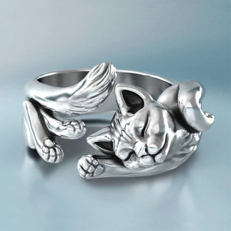 Dragon & Mouse Adjustable Open Ring for Women – Antique Silver Animal Finger Ring, Trendy Fashion Party Jewelry Giftwelry Gift